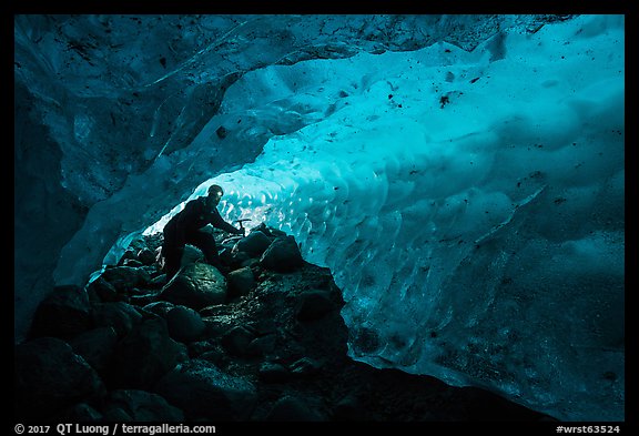 Mountaineer in ice cave. Wrangell-St Elias National Park (color)