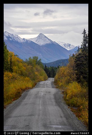 McCarthy Road in autumn and snowy mountain. Wrangell-St Elias National Park, Alaska, USA.