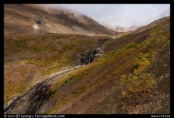 Bonanza Creek Waterfalls and Bonanza Mine aerial tramway towers. Wrangell-St Elias National Park (color)