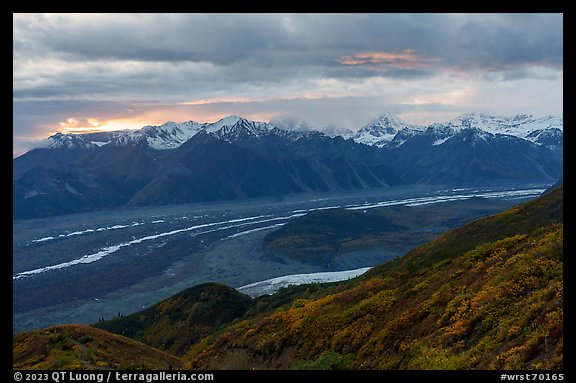 Kennicott Glacier and Wrangell Range at sunset. Wrangell-St Elias National Park, Alaska, USA.