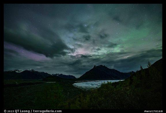 Root Glacier and Donoho Peak at night with stars, clouds, and northern lights. Wrangell-St Elias National Park (color)