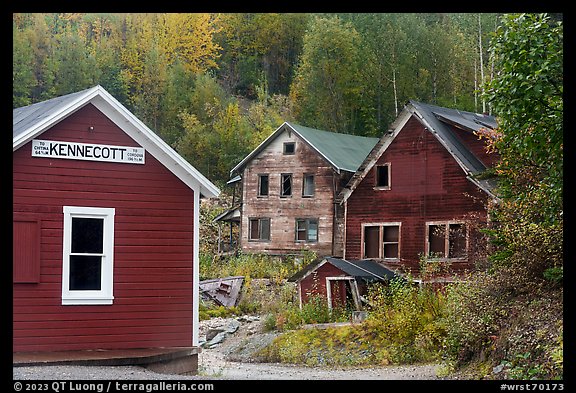 Restored Kennicott train station and dilapidated buildings. Wrangell-St Elias National Park, Alaska, USA.