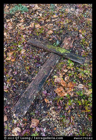 Fallen wooden cross, Kennecott cemetery. Wrangell-St Elias National Park, Alaska, USA.