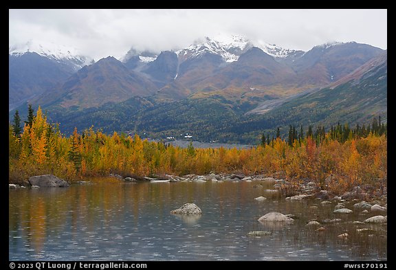 Pond with raindrops, Kennicott, and Bonanza Ridge. Wrangell-St Elias National Park (color)