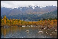 Pond with raindrops, Kennicott, and Bonanza Ridge. Wrangell-St Elias National Park ( color)