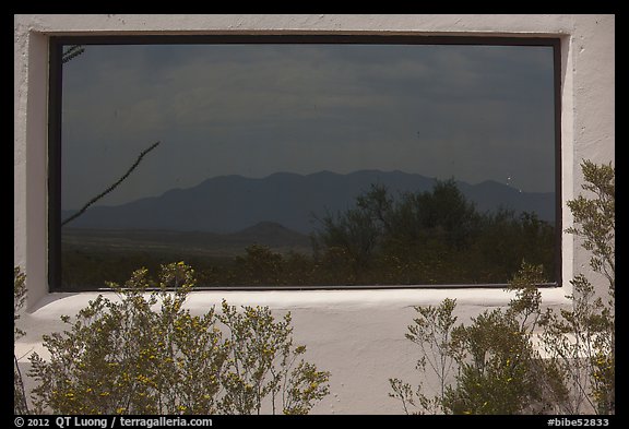 Chisos mountains, Persimmon Gap visitor center window reflexion. Big Bend National Park, Texas, USA.