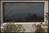 Chisos mountains, Persimmon Gap visitor center window reflexion. Big Bend National Park ( color)