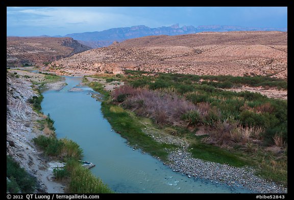 Rio Grande River and Sierra Del Carmen mountains, dusk. Big Bend National Park (color)