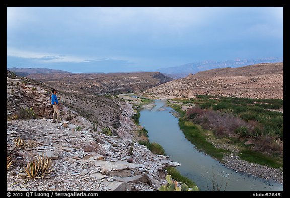 Park visitor looking, Rio Grande River. Big Bend National Park, Texas, USA.