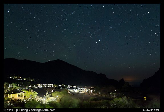 Chisos Mountains Lodge and stars at night. Big Bend National Park, Texas, USA.