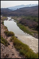 View from above of Rio Grande and hikers heading towards hot springs. Big Bend National Park, Texas, USA.