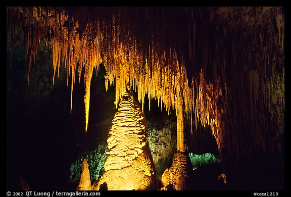 Stalactites and columns in big room. Carlsbad Caverns National Park (color)