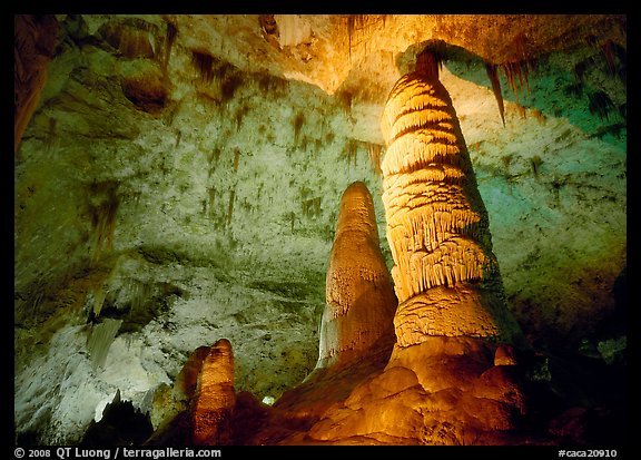 Six-story tall colum and stalagmites in Hall of Giants. Carlsbad Caverns National Park (color)