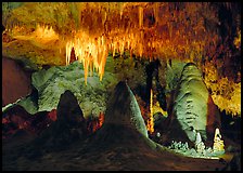 Stalagtite chandelier and stubby stalagmites. Carlsbad Caverns National Park, New Mexico, USA. (color)