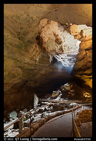 Walkway inside cave and natural entrance. Carlsbad Caverns National Park (color)