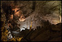 Park visitor looking,  room above Whales Mouth. Carlsbad Caverns National Park, New Mexico, USA. (color)