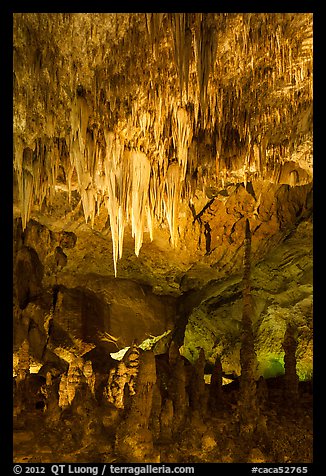 Chandelier and tall stalagmites, Big Room. Carlsbad Caverns National Park (color)