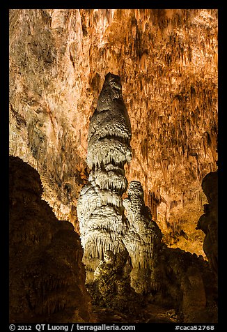 Massive stalagmites and delicate stalagtites, Big Room. Carlsbad Caverns National Park (color)