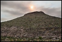 Hill with burned vegetation and sun shining through smoke. Carlsbad Caverns National Park, New Mexico, USA. (color)