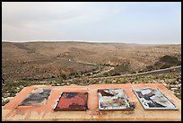 Interpretive signs, burned landscape. Carlsbad Caverns National Park, New Mexico, USA.