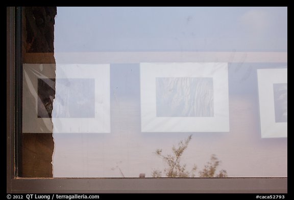 Shrub and cave pictures, visitor center window reflexion. Carlsbad Caverns National Park, New Mexico, USA.