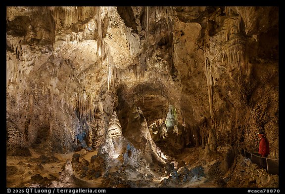Big Room with a lone visitor at right facing the forest of formations. Carlsbad Caverns National Park (color)