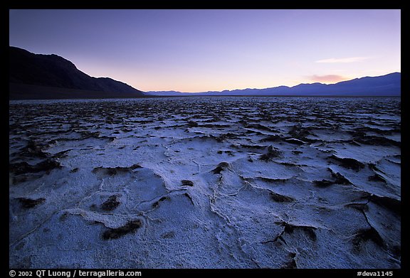 Evaporation patterns on salt flats near Badwater, dusk. Death Valley National Park, California, USA.