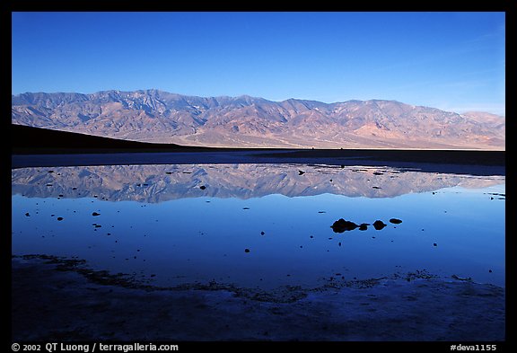 Panamint range reflection in Badwater pond, early morning. Death Valley National Park, California, USA.