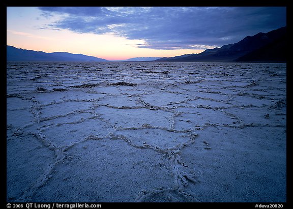 Hexagonal salt tiles near Badwater, sunrise. Death Valley National Park, California, USA.