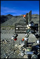 Teakettle Junction sign, adorned with teakettles. Death Valley National Park, California, USA.