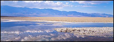 Reflections in shallow pond, Badwater. Death Valley National Park (Panoramic color)