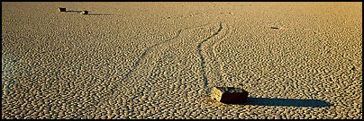 Moving stones on dried mud playa. Death Valley National Park (Panoramic color)