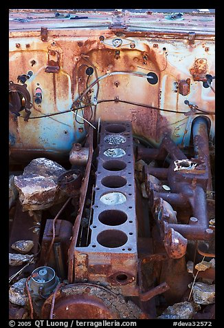 Engine of rusted car near Aguereberry camp. Death Valley National Park, California, USA.