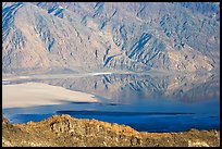 Rare seasonal lake on Death Valley floor and Black range, seen from above, late afternoon. Death Valley National Park, California, USA.