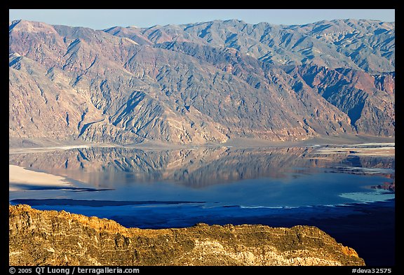 Flooded Death Valley floor at Badwater, seen from Aguereberry point, late afternoon. Death Valley National Park, California, USA.