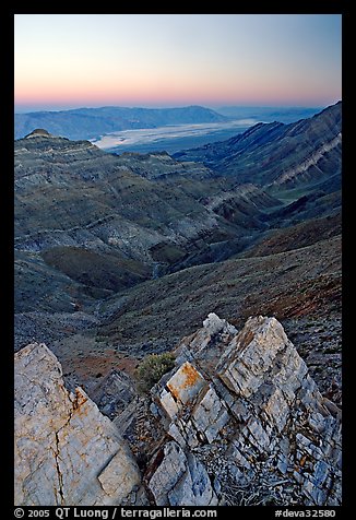 Rocks, canyon and Death Valley from Aguereberry point, sunset. Death Valley National Park (color)