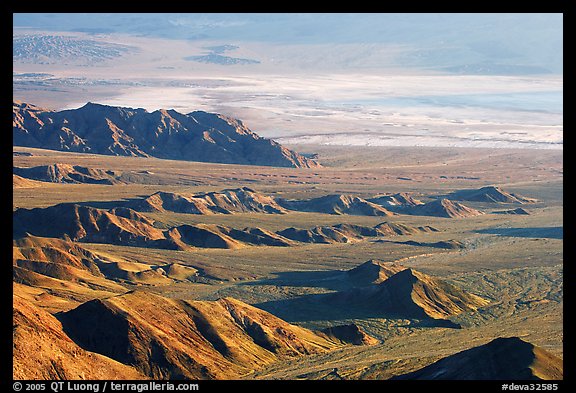 Eroded hills and salt pan from Aguereberry point, early morning. Death Valley National Park, California, USA.