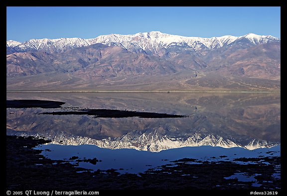 Telescope Peak and Panamint range reflected in a rare seasonal lake, early morning. Death Valley National Park, California, USA.