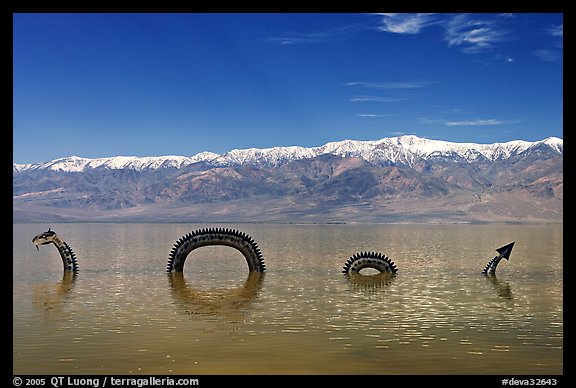 Dragon art installation in Manly Lake and Panamint range. Death Valley National Park (color)