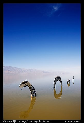 Short lived dragon art installation in rare seasonal lake. Death Valley National Park (color)