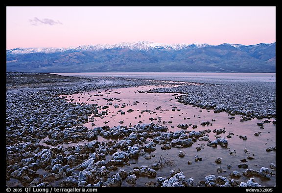 Pond and salt formations, Badwater, dawn. Death Valley National Park (color)