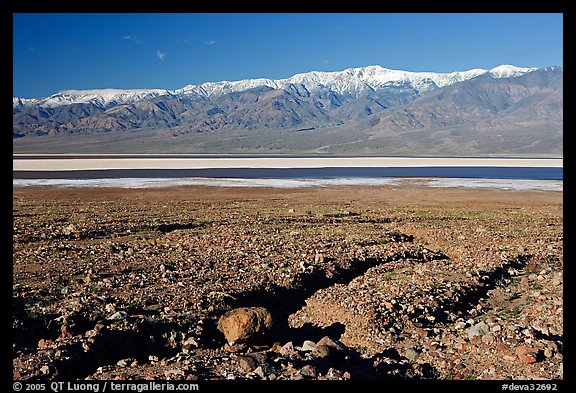 Valley with seasonal lake in the distance and Panamint Range, morning. Death Valley National Park, California, USA.