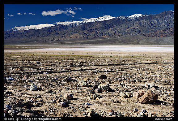 Rock field, salt flats, and Panamint Range, morning. Death Valley National Park, California, USA.