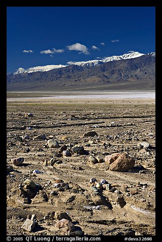 Rock field, salt flats, and Panamint Range, morning. Death Valley National Park, California, USA.