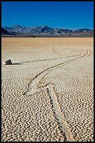 Zig-zagging track and sailing stone, the Racetrack playa. Death Valley National Park, California, USA.