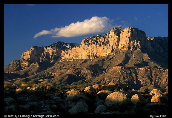 Boulders, El Capitan, and Guadalupe Range, sunset. Guadalupe Mountains National Park (color)