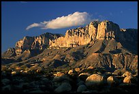 Boulders, El Capitan, and Guadalupe Range, sunset. Guadalupe Mountains National Park, Texas, USA.