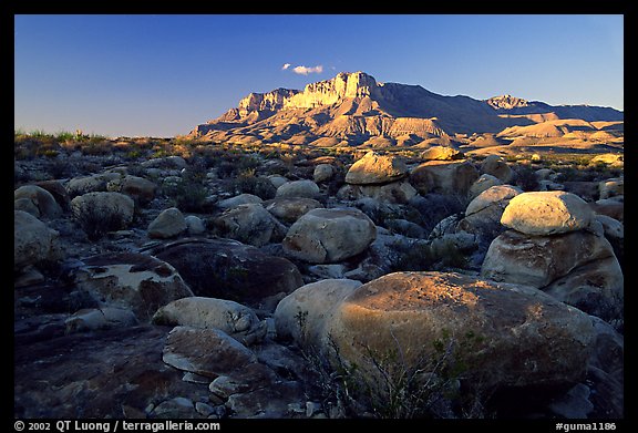 Boulders and El Capitan from the South, sunset. Guadalupe Mountains National Park, Texas, USA.