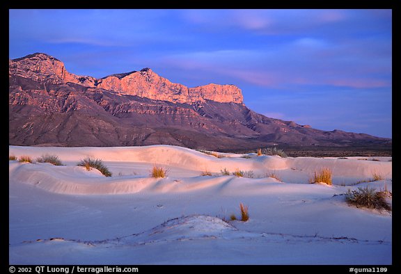 White gyspum sand dunes and cliffs of Guadalupe range at dusk. Guadalupe Mountains National Park (color)