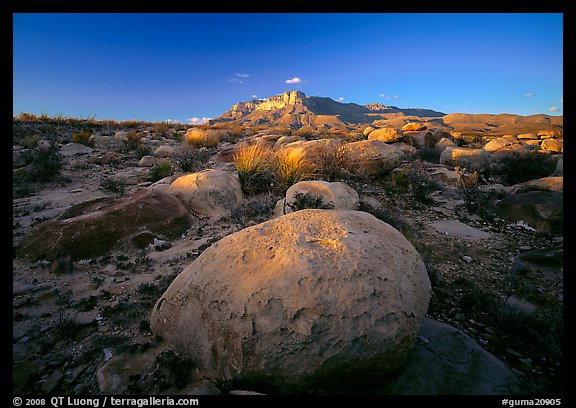 Boulders and Guadalupe range at sunset. Guadalupe Mountains National Park, Texas, USA.